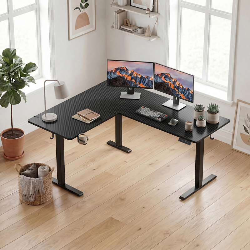 75" Reversible L Shaped Standing Desk, Height Adjustable with Cup Holder, Electric Corner Computer Workstation, Sit Stand up Home Office, Ergonomic Gaming, Black