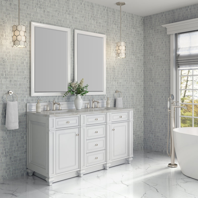 Bristol 60 in. Double Vanity, Bright White, Victorian Silver, 8" Widespread
