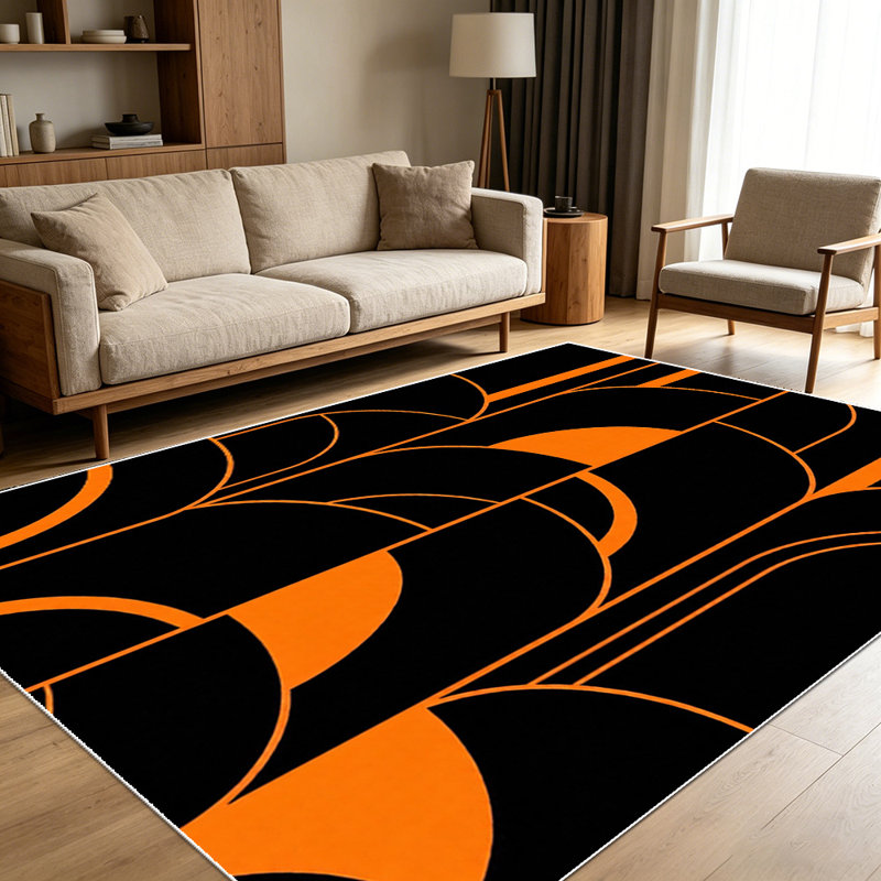 1PC Black and Orange Minimalist Geometric Abstract Line & Circle Pattern area rugs for Living Room, Soft and Comfortable, Suitable for all seasons, easy-to-maintain, machine washable Indoor floor mat, Under Table Farmhouse suitable for dining table,...