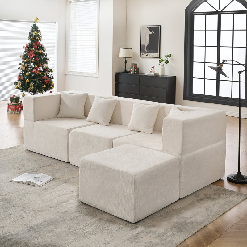 Modern Minimalist Boneless L-Shaped Cloud Modular Sectional Sofa with Ottoman and Pillows, Deep Seating, Beige Chenille