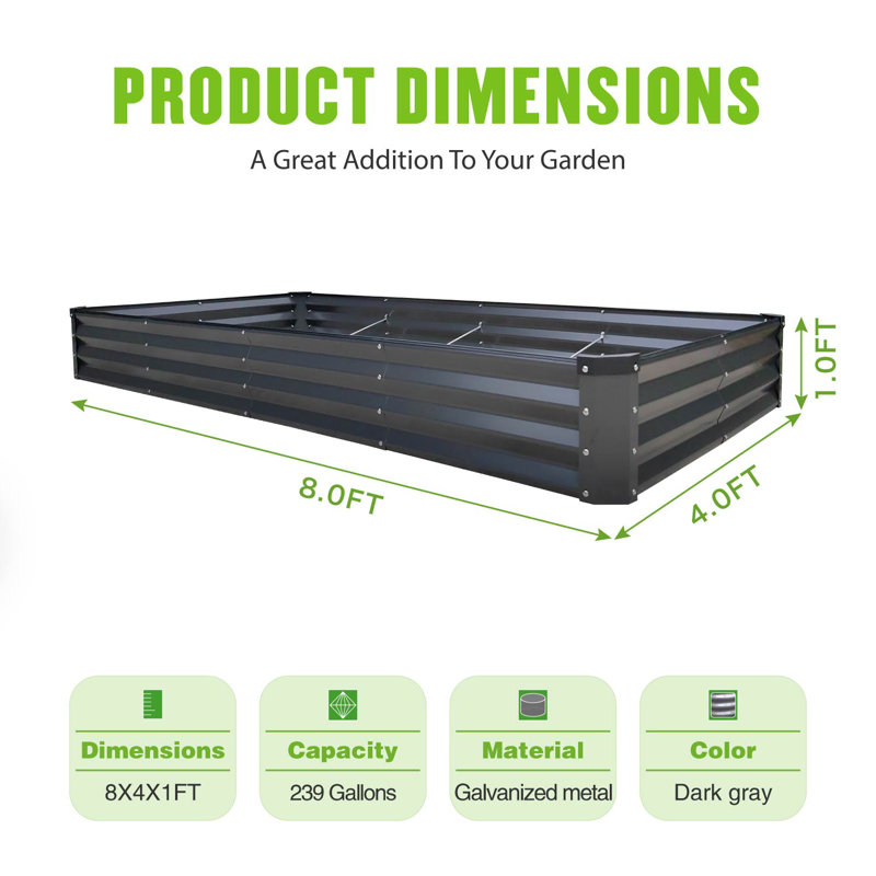  8x4x1ft Galvanized Raised Garden Bed, Planter Boxes Outdoor Large Metal Garden Beds For Planting Vegetables Flowers Herbs Rectangle Dark Gray