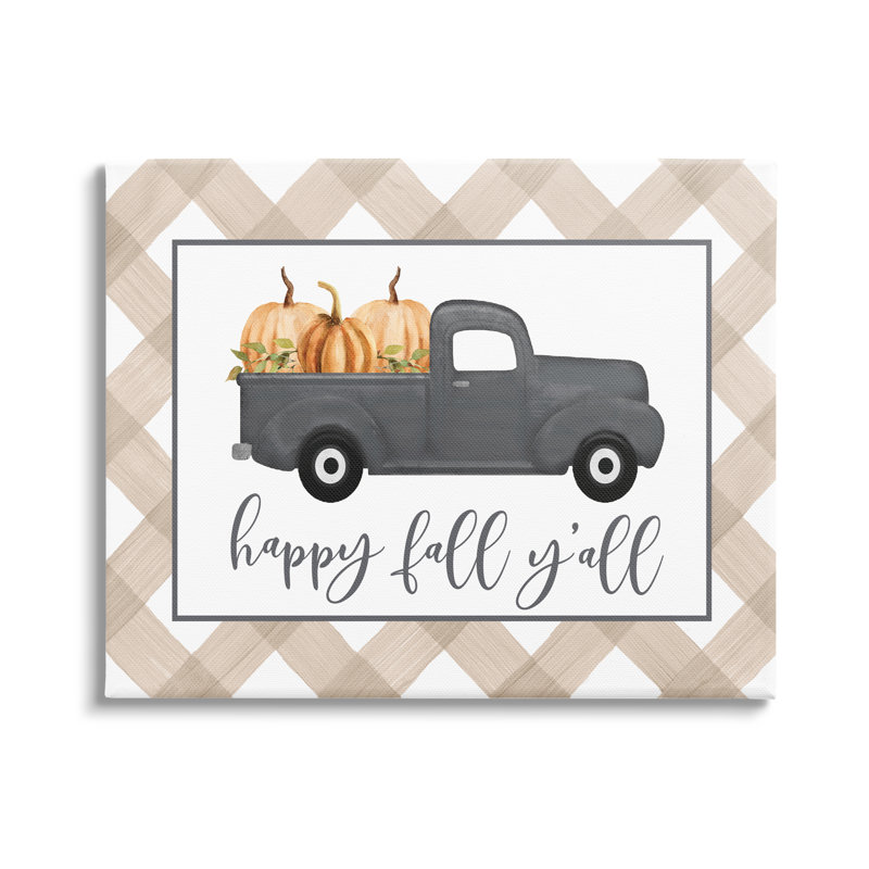 «Happy Fall Y'all Vintage Truck Carrying Pumpkins» par Lettered and Lined - cadre flottant, impression sur toile