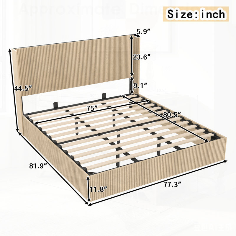 Grand cadre de lit à rangement ondulé à structure concave avec fonction de levage, plateforme en bois pour une utilisation silencieuse et efficace de l'espace