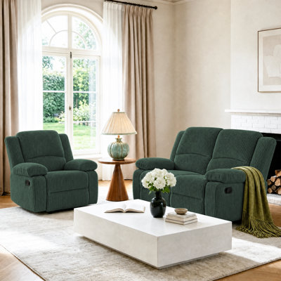 Green Corduroy 2-Piece Manual Reclining Living Room Set with Loveseat and Recliner Chair