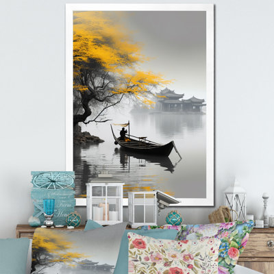 Art asiatique, bateau jaune, monochrome