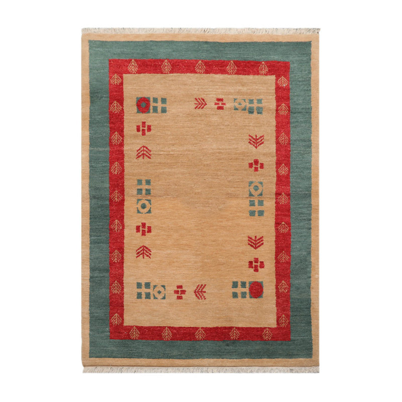 Tapis intérieur / extérieur en laine noué à la main à motif géométrique rouge / beige / vert 4 pi 1 po x 6 pi Staysha