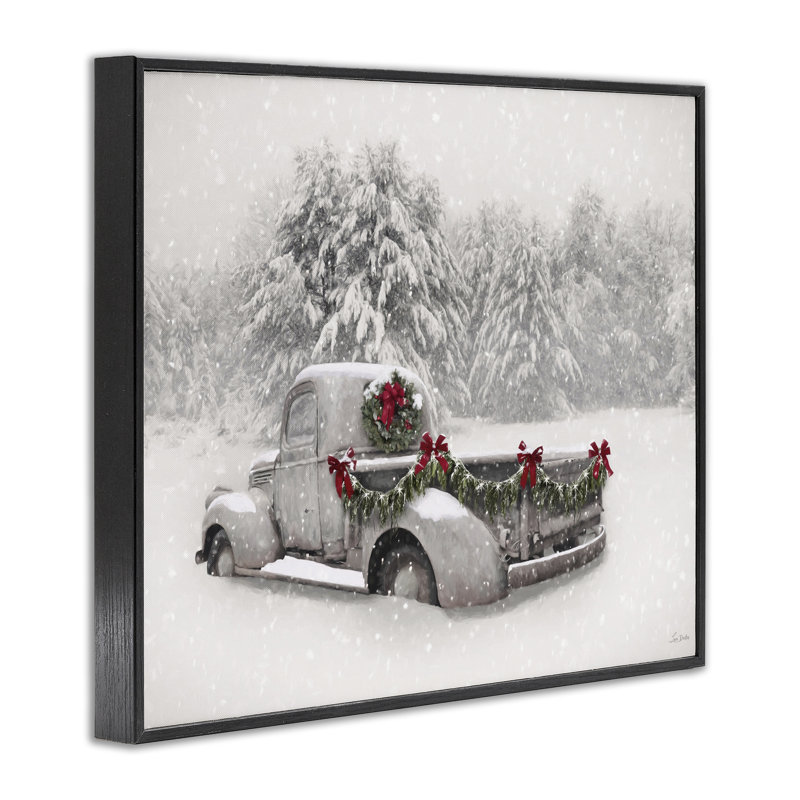 Giclée encadrée de camion antique enneigé blanc, design par Lori Deiter, H 11 po x l 14 po, Giclée encadrée noir minuit