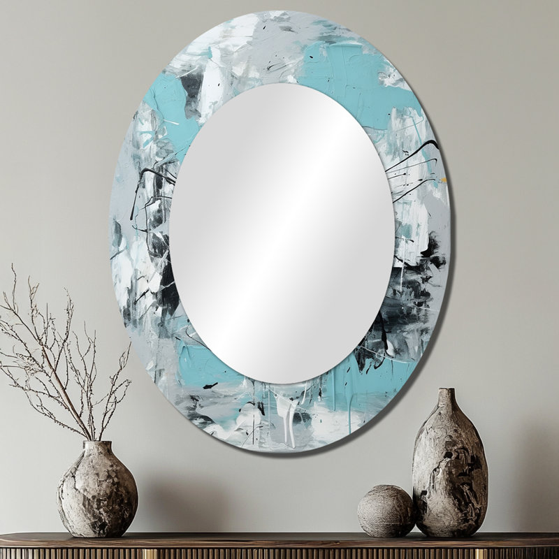 Serene Subtility In Abstract Light Blue III - Abstract Oval Decorative Mirror On Metal, 40" x 30"