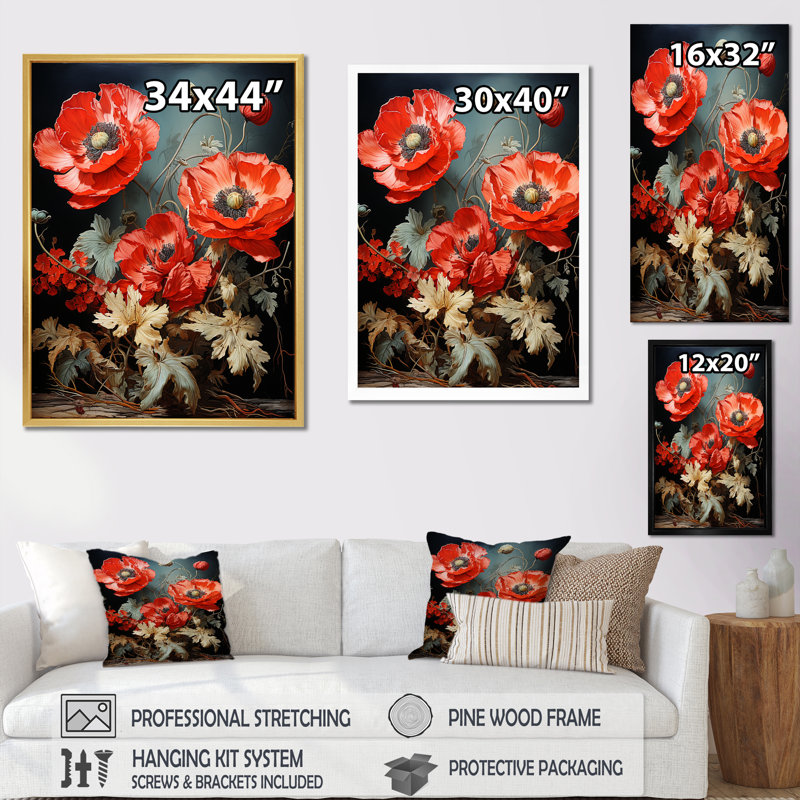«Poppies Scarlet Solitude II», reproduction d'art sur toile, Cadre flottant doré, H 20 po x l 12 po x P 1 po