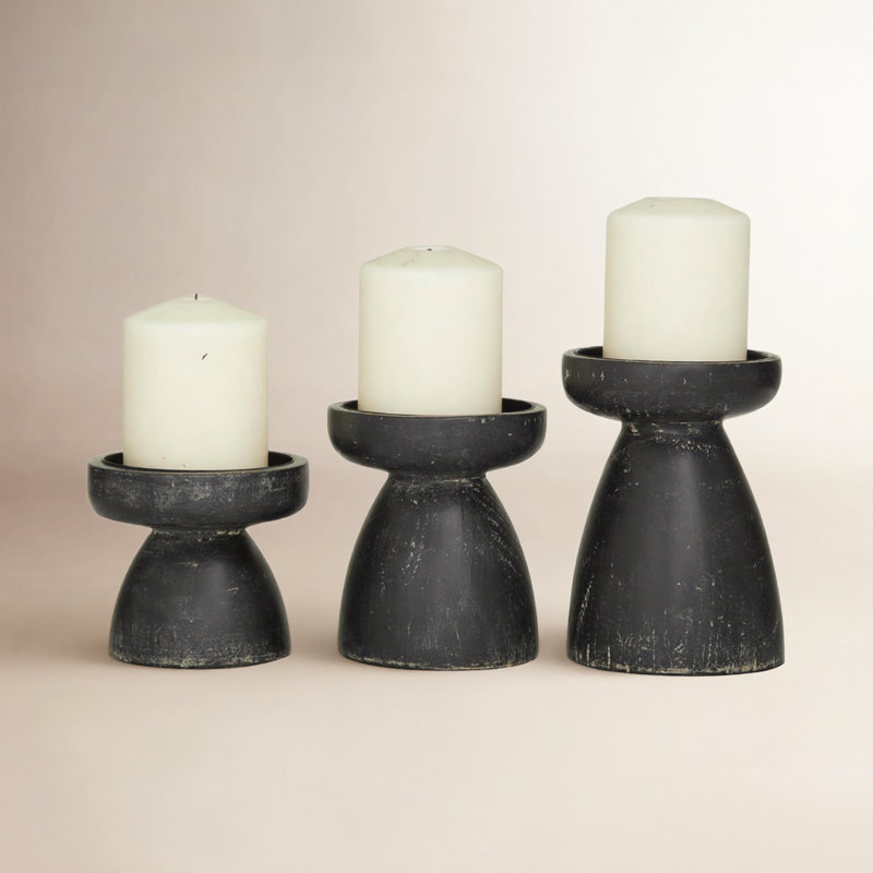 3 Piece Wood Tabletop Candlestick Set, Black