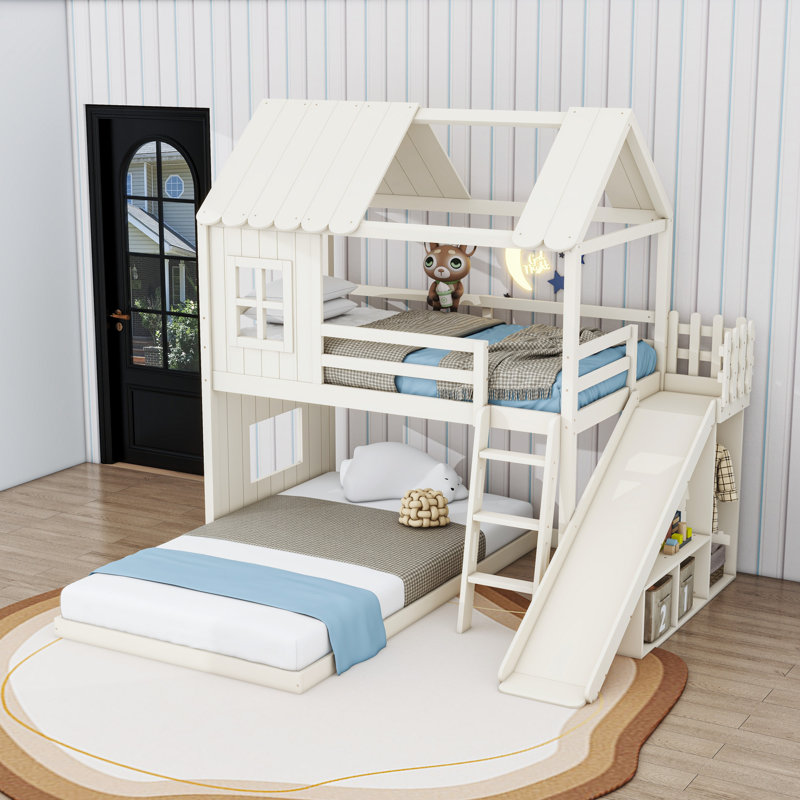 Lit superposé simple au dessus d'une maison double avec glissoire, échelle et tablettes intégrées, Beige