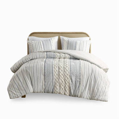 Cotton Printed Comforter Set With Chenille White/Navy King