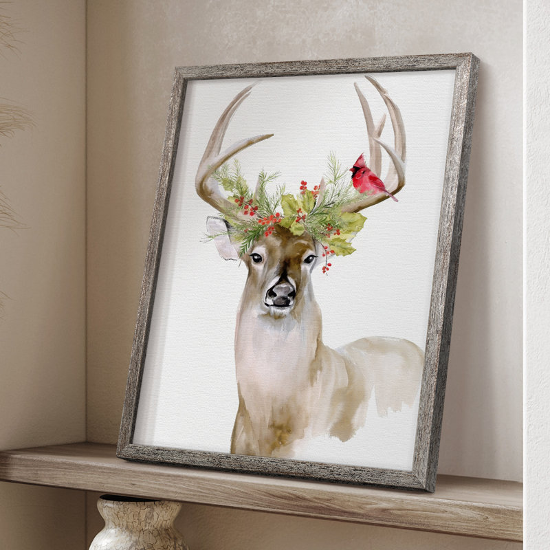 «Holiday Deer I», reproduction encadrée - bois massif, H 15 po x l 12 po