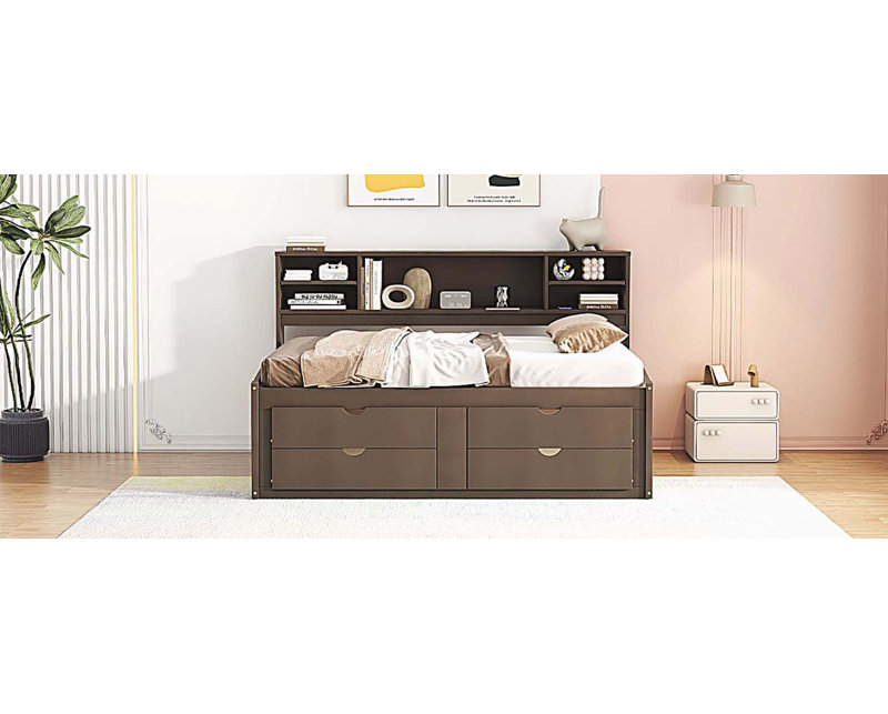 Lit de jour en bois double avec 2 armoires de chevet, tablettes supérieures et 4 tiroirs, blanc, Brun antique