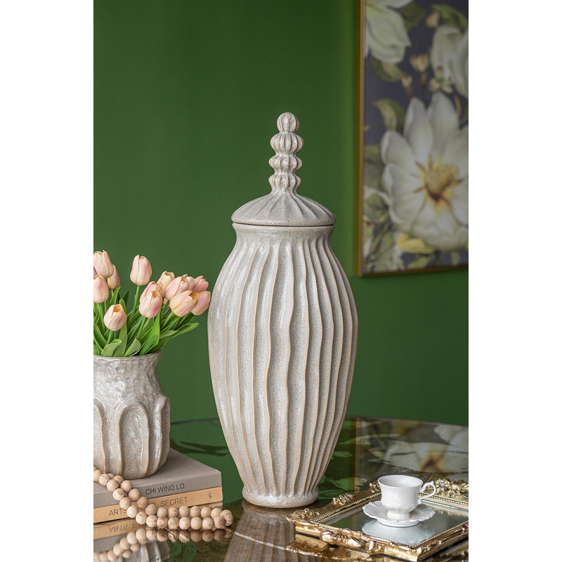  Pot décoratif en céramique avec motif texturé et couvercle de faîteau sphérique, Hauteur totale: 25,5 po
