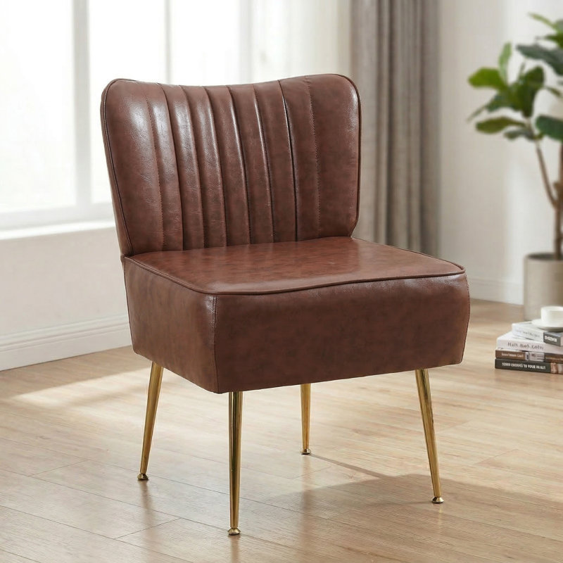Accent Side Chair With Gold Legs, Brown Faux Leather