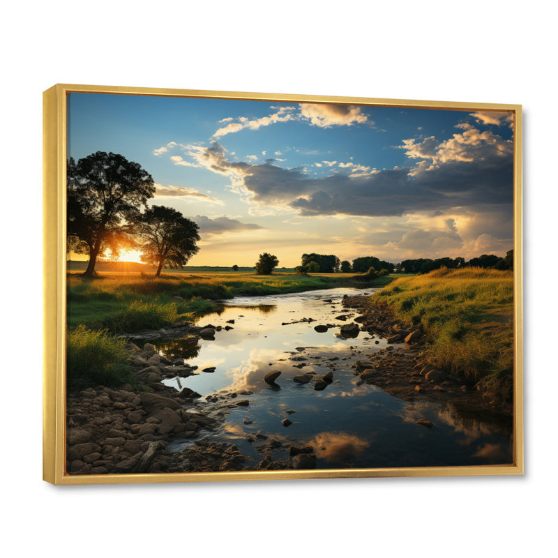Vert, jaune, paysage de l'Illinois, H 34 po x l 44 po x P 1,5 po, Cadre flottant doré