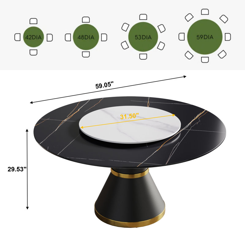 Ryding Modern Round Sintered Stone Dining Table with Rotating Tray, Black/White, 29.5" H x 59" L x 59" W