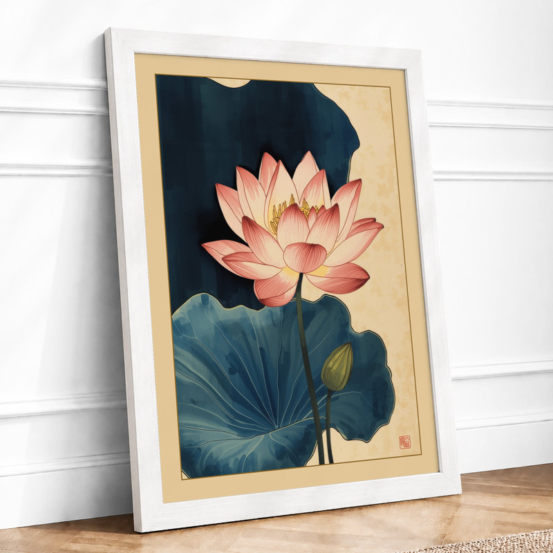 Lotus and Lily Pads Botanical - Framed Print, A2 - 59.4 x 42.0 cm, White