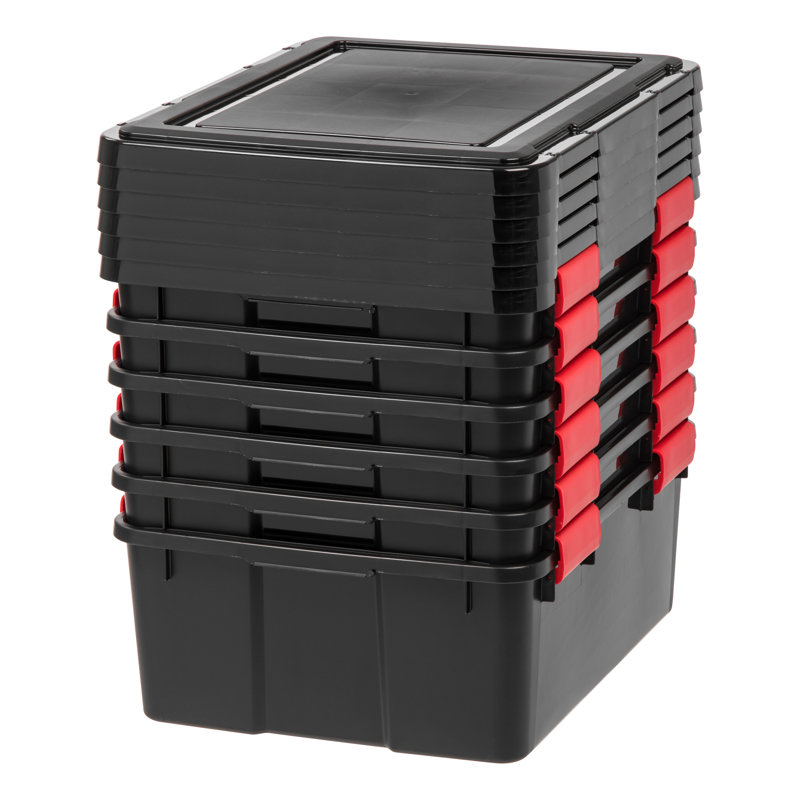Black and Red Stackable WeatherPro Plastic Storage Bins with Lids, 19.7 in