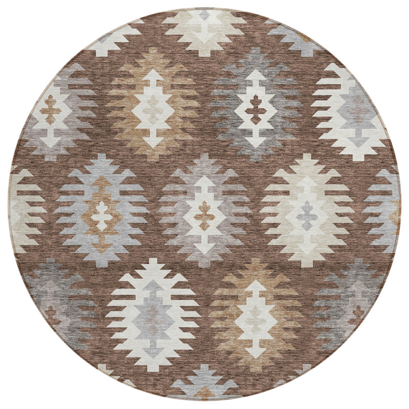 Tapis rond lavable intérieur / extérieur ivoire et taupe 8 pi