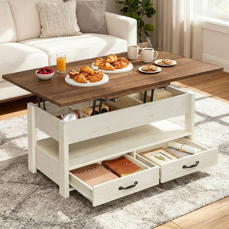Coffee Table With Lift Tabletop, 2 Drawers, White, White