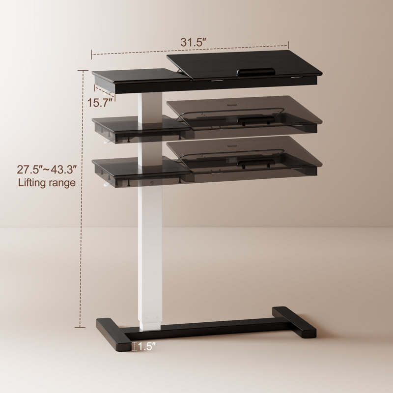 Solid Wood Adjustable Side Table with Tilting Top & Hidden Casters - Multi-Function Laptop Desk for Bed & Sofa, Black