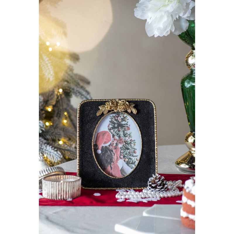 8” x 9” Victorian-Inspired Black and Gold Photo Frame, Traditional Stone Powder and Resin Picture Frame with Floral Accent for Mantel, Tabletop, Desk, or Nightstand 