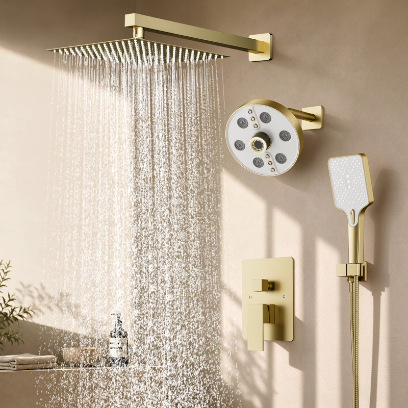 Système de douche à pluie haute pression 10 po, robinet de douche mural avec douchette, Or brossé