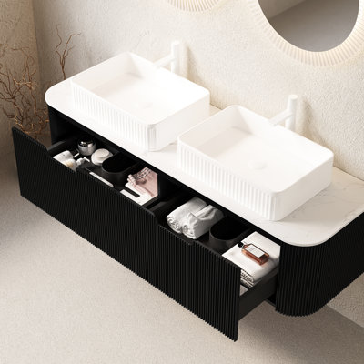 Meuble-lavabo de 60 po avec 2 lavabos rectangulaires blancs, tiroirs, couleur noire, armoire à contreplaqué à rayures 3D, lavabos en céramique pré-assemblés, rangement flottant, finition mate, installation facile