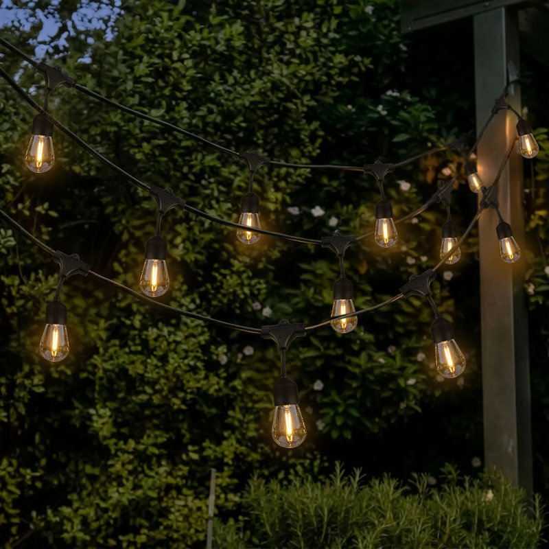 Ambience Pro 27 ft. Solar Outdoor Patio LED String Lights with 12 Warm White S14 Bulbs, 15 Hanging Hooks Included, Weatherproof