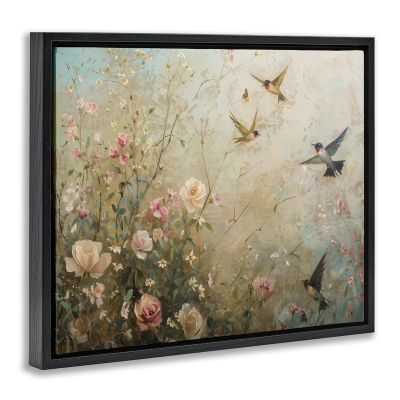  "Spring Meadow Birds", art mural sur toile flottante par Arlington Prints, H 25 po x l 31 po, Cadre flottant noir de jais