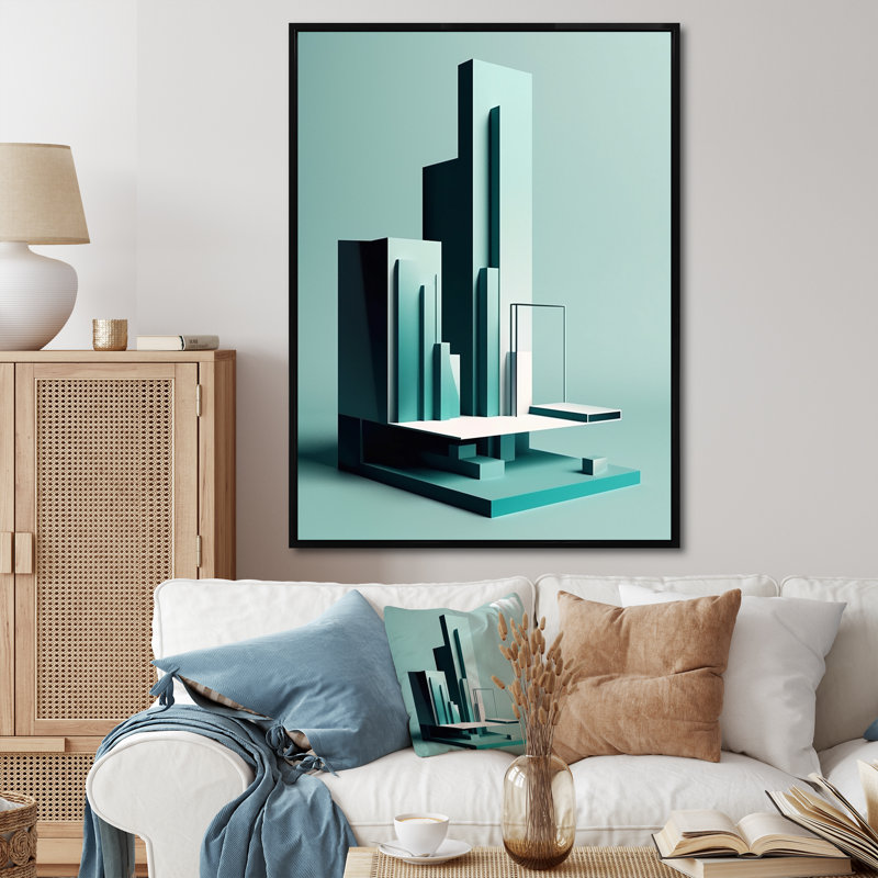«Abstract Minimal Turquoise Architecture» sur toile, H 40 po x l 30 po x P 1,5 po, Cadre flottant noir