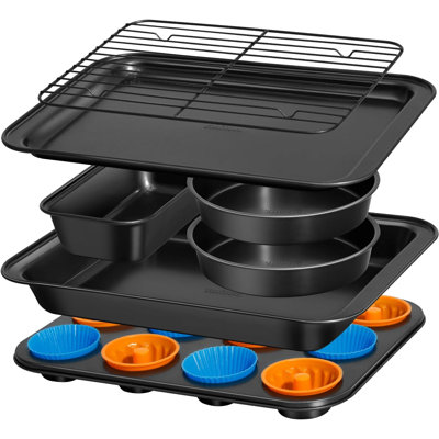 Ensemble de plats de cuisson antiadhésifs 19 pièces - comprenant des plaques à biscuits, un plat à rôtir, des moules ronds, un moule à pain, un moule à muffins et 12 doublures à petits gâteaux, pour maman / mariage / pendaison de crémaillère