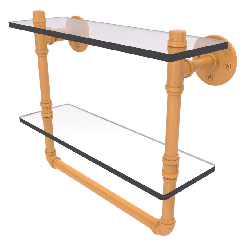 Double tablette en verre avec barre à serviettes P, H 13,2 po x l 16 po x P 5,6 po, Jaune doré