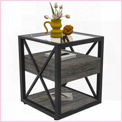 Industrial Space-Saving Coffee Table with Drawer, Easy-Clean Tempered Glass Top for Living Room Bedroom