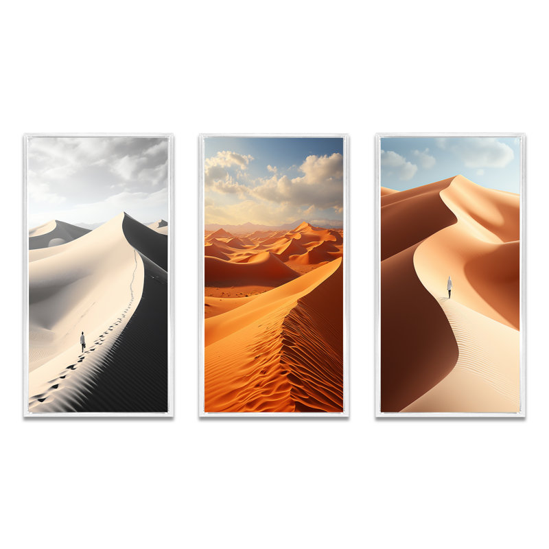 "Mirage du désert égyptien", 3 pièces sur toile, Cadre blanc, H 32 po x l 48 po