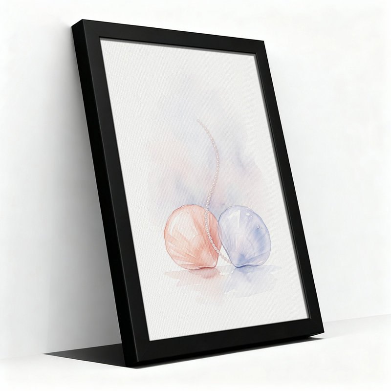 Aquarelle sur toile, coquillages roses et bleus, H 24 po x l 16 po