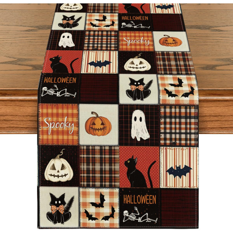 Chemin de table 210 g / m² Halloween 13 x 72 pouces | Décoration de table de salle à manger de cuisine de chat noir, L 72 po