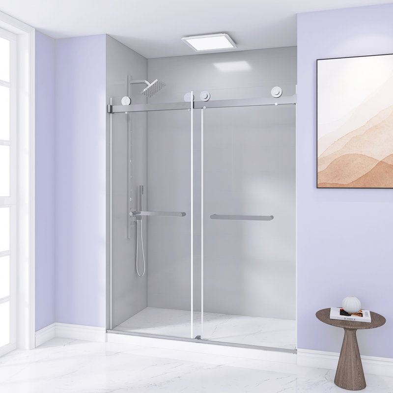 56-60 "W X 74" H Frameless Double Sliding Shower Door, 5/16 "(8Mm) Tempered Glass, Explosion Proof Film, Stainless Steel Handle, Square Tube Track, Brushed Nickel