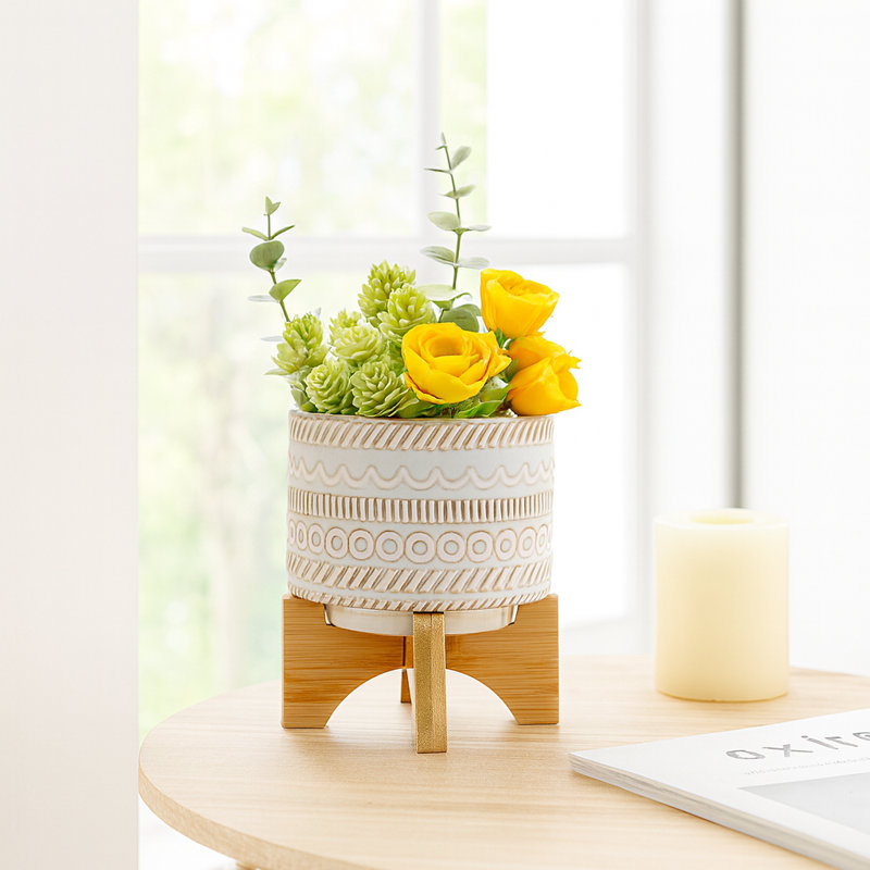 Jardinière en grès avec support en bambou Natacha, H 8 po x l 6 po x P 6 po, Beige
