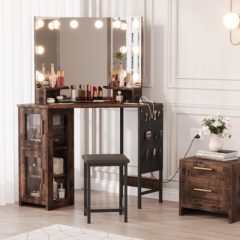 Corner Makeup Vanity Desk with LED Mirror, Charging Station, Cabinet & Stool – Black Bedroom Dressing Table, Brown