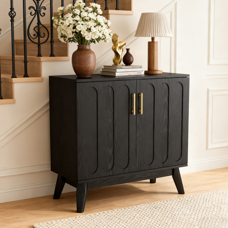 Buffet Mid-Century moderne avec portes cannelées et tablettes réglables, armoire de rangement à finition noyer pour le salon, la salle à manger et le vestibule