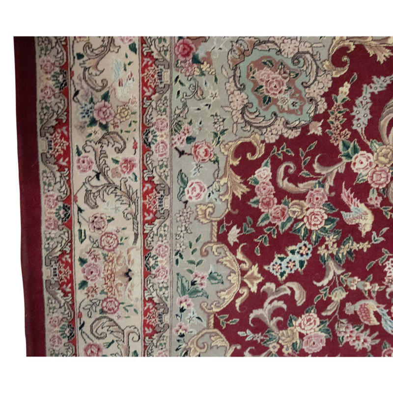Tapis rouge / vert / beige unique de haute qualité noué à la main