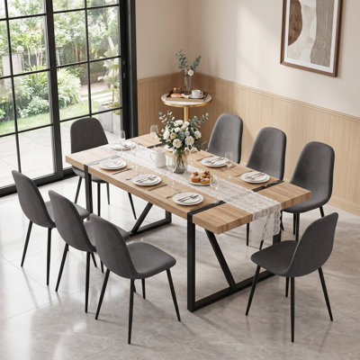 Modern 9-Piece Industrial Dining Set with 71" Wood Top and Upholstered Chairs