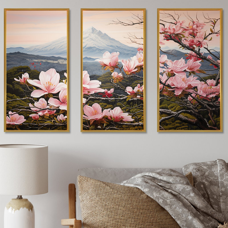 «Magnolias Charm In Mountain Scenery» - Ensemble de décorations murales Magnolias, Cadre flottant doré