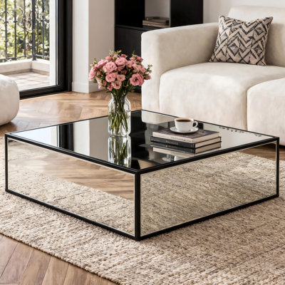 Fahd Block Coffee Table Mirrored Finished Black Metal Frame Sofa Table