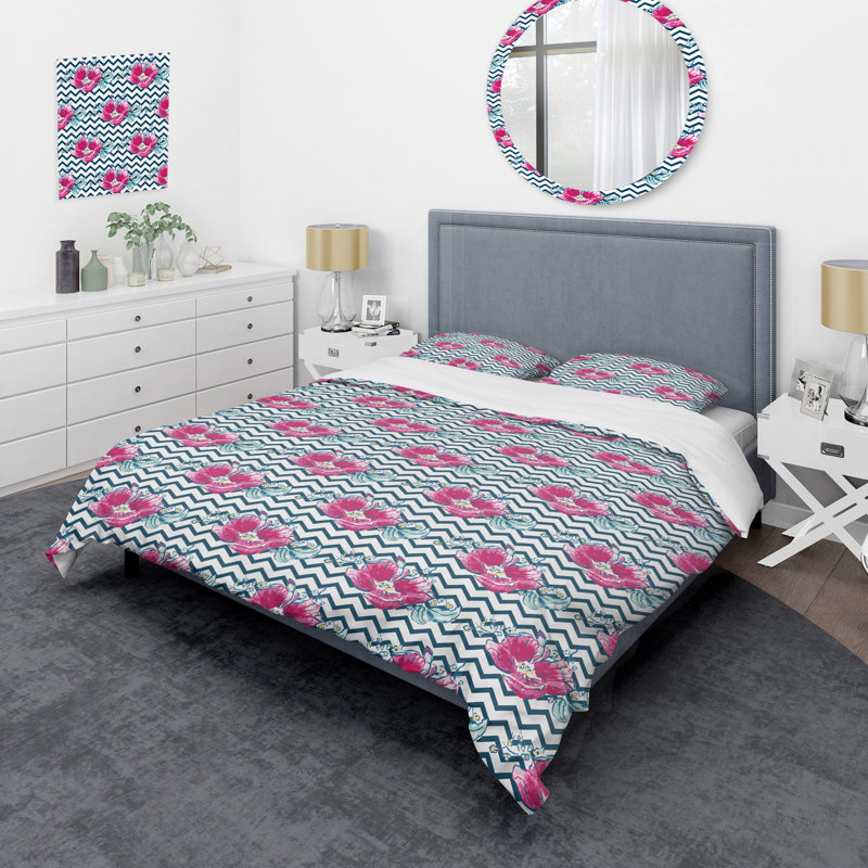 Roses roses avec chevron - ensemble de housse de couette abstrait - microfibre de polyester