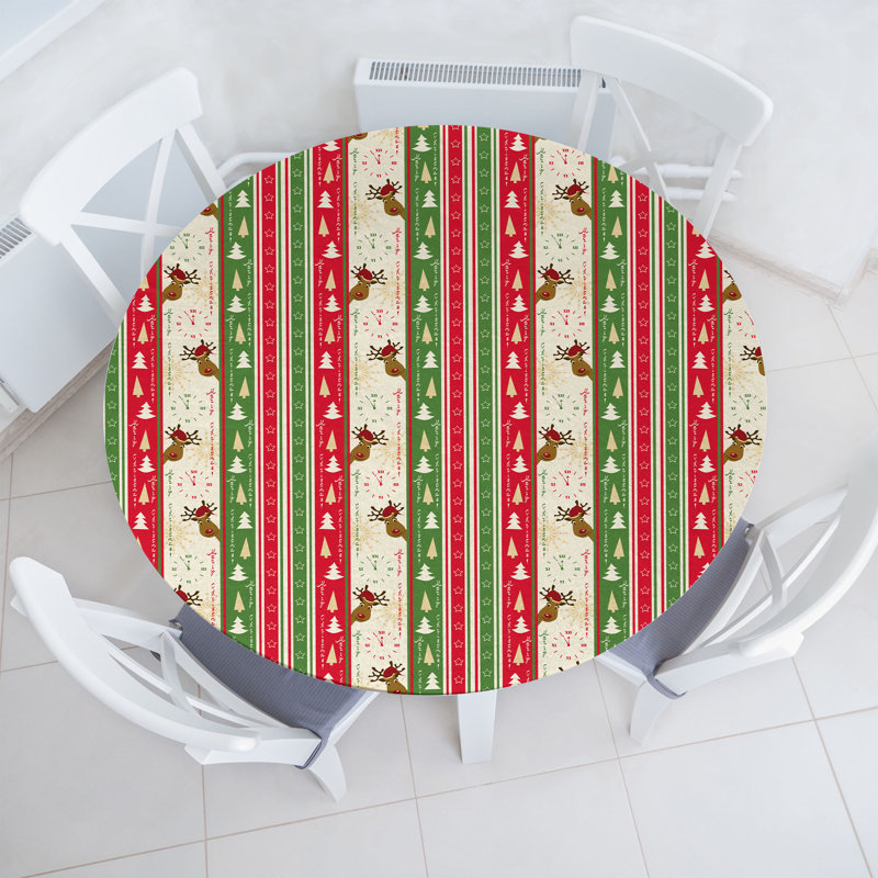 The Holiday Aisle® Christmas Fitted Round Tablecloth Diameter Green Dark Coral White, 47.24" Round