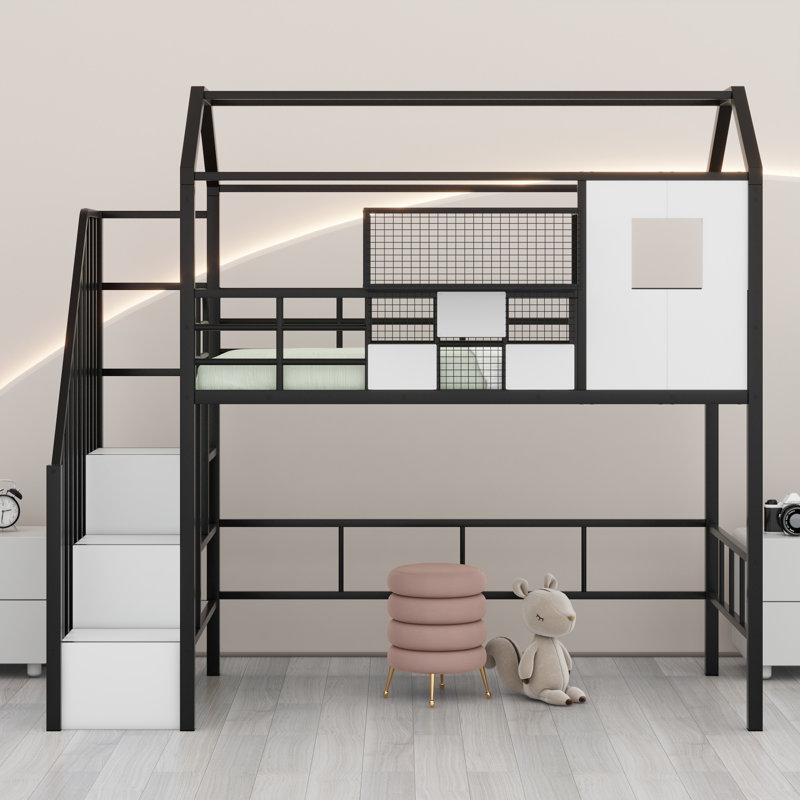 Lit mezzanine en métal avec toit et boîte de rangement, Noir